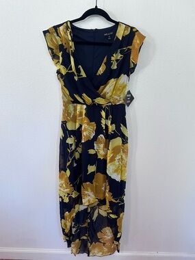 Kate & Lily Black & Mustard Floral Wrap-Style Midi Dress